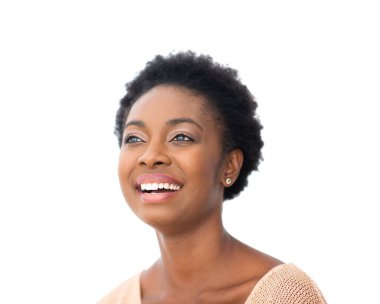 Close up portrait attractive young african American woman smiling by isolated white background