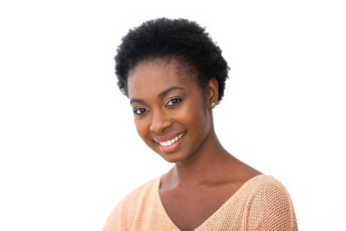 Close up portrait beautiful young african American woman smiling by white background 