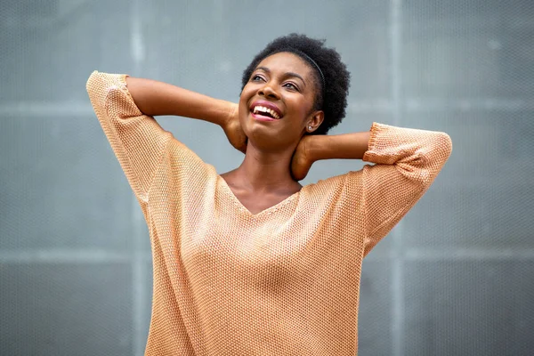 Portrait Happy Young Black Woman Hands Head Looking Away — Stock Photo, Image