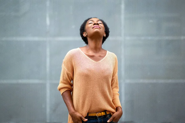 Portrait Beautiful Young Black Woman Looking Eyes Closed — стоковое фото