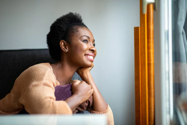 Close Side Portrait Smiling Young Black Woman Looking Out Window — Stockfoto
