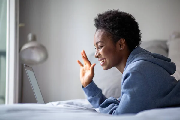Profile Portrait Happy African American Woman Waving Laptop Video Call — Stock Fotó