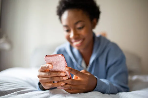 Close Portrait Smiling African American Woman Hands Holding Mobile Phone — Stockfoto