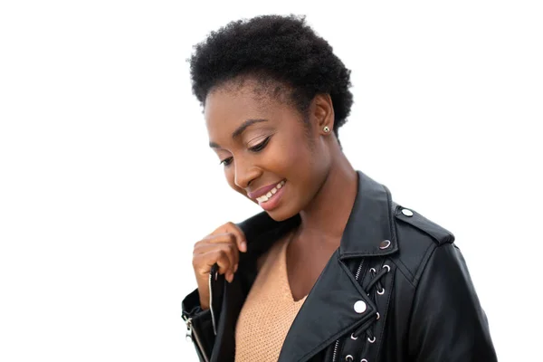 Close Portrait Young African American Woman Smiling Leather Jacket Isolated — Stock fotografie