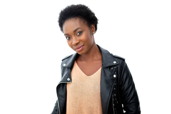Horizontal Portrait Beautiful Young Black Woman Leather Jacket White Isolated — Stockfoto
