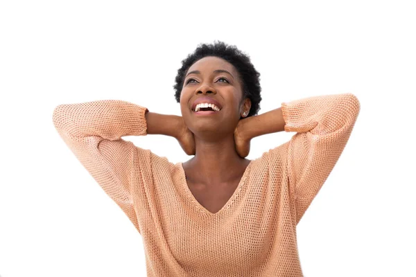 Portrait Happy Young Black Woman Isolated White Background Hands Head — Stockfoto