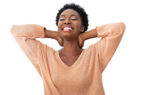 Portrait Happy Young African American Woman Hands Head Eyes Closed — Stok fotoğraf