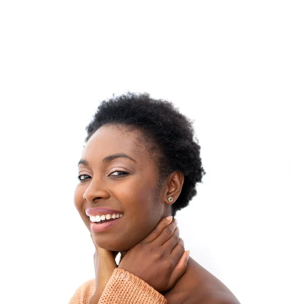 Close Portrait Smiling Young African American Woman White Isolated Backgorund — Fotografia de Stock