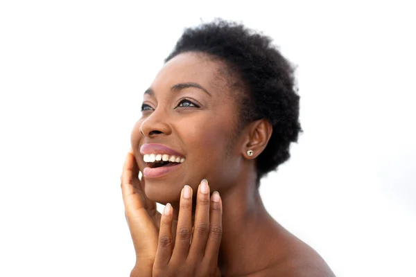 Close Smiling Portrait Beautiful Young African American Woman Hands Face — Stockfoto