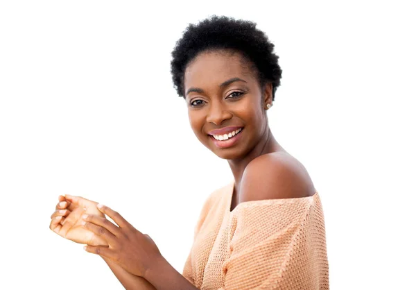 Retrato Lateral Sonriente Joven Hermosa Mujer Negra Por Fondo Blanco —  Fotos de Stock