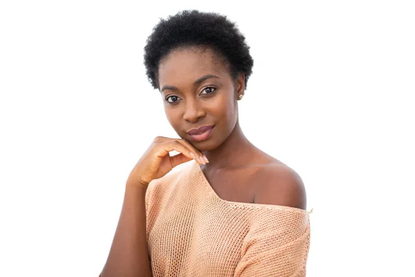 Close Portrait Beautiful Young African American Woman Thinking Hand Chin — Stok fotoğraf