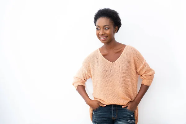 Portrait Cool Young African American Woman Smiling Isolated White Background — стоковое фото