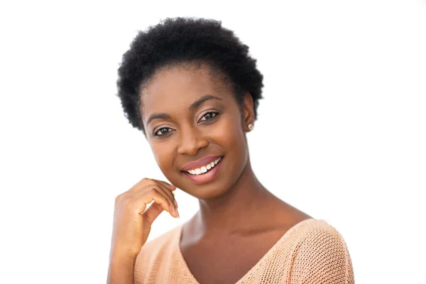 Close Portrait Attractive Young African American Woman Smiling Hands Chin — Stockfoto