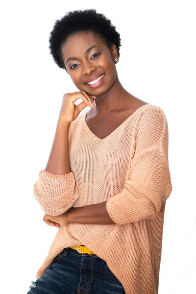 Portrait Smiling Young Black Woman Isolated White Background Hand Chin — Fotografia de Stock