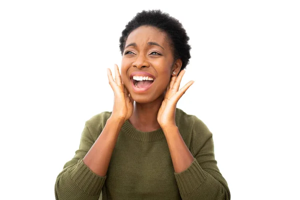 Close Portrait Young African American Woman Shouting Hands Ears — Fotografia de Stock