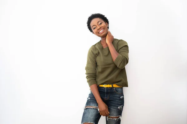 Portrait Smiling Young African American Female Fashion Model Posing Isolated — стокове фото