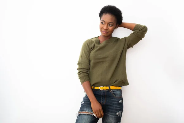 Portrait Beautiful Young Black Woman Posing Isolated White Background Hand — Fotografia de Stock