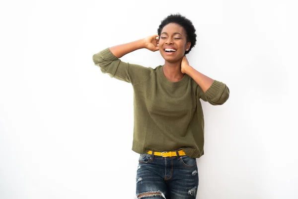 Portrait Young Black Woman Laughing Isolated White Background Hands Head — Foto Stock