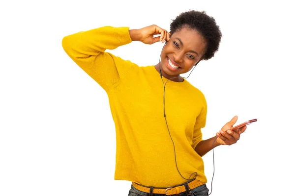 Portrait Beautiful Young African American Woman Listening Music Earphones Phone — Fotografia de Stock