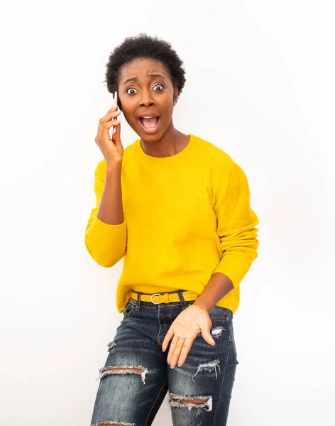 Portrait Young African American Woman Talking Cellphone Mouth Open — Foto Stock