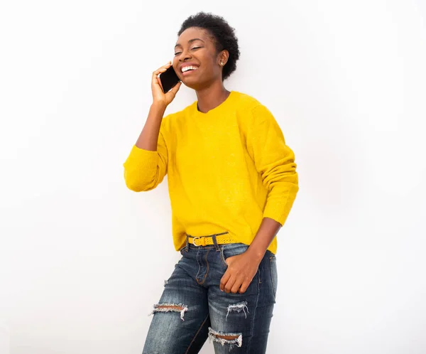 Portrait Smiling Young African American Woman Talking Mobile Phone Isolated — Stock Fotó