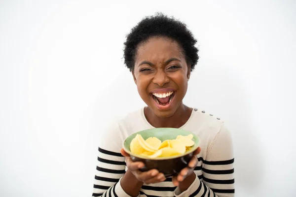 Portrait Happy Young African American Woman Holding Bowl Chips Isolated —  Fotos de Stock