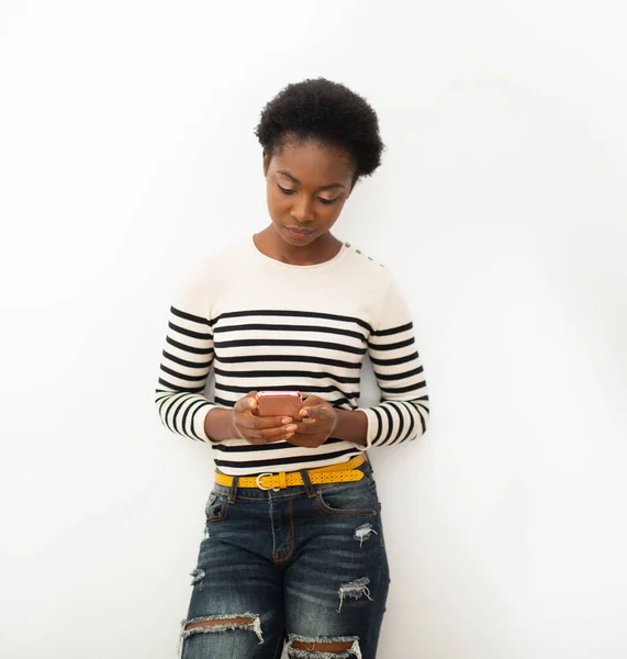 Portrait Young African American Woman Holding Mobile Phone Isolated White — Foto Stock