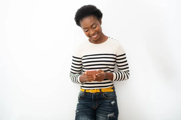 Portrait Smiling Young Black Woman Using Mobile Phone White Background — Foto Stock