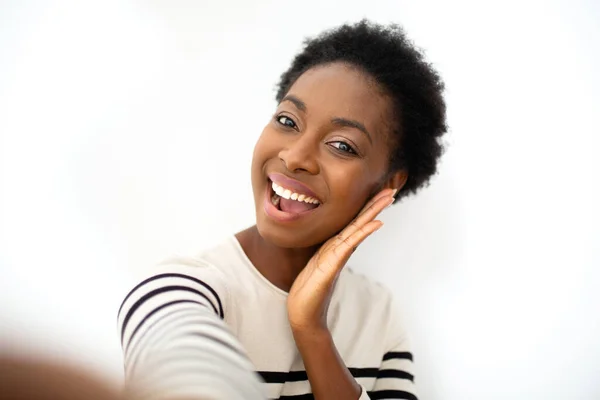 Portrait Happy Young African American Woman Taking Selfie Isolated White —  Fotos de Stock