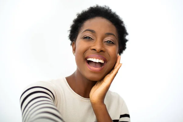 Portrait Happy Young African Amercing Woman Taking Selfie Hand Face — ストック写真