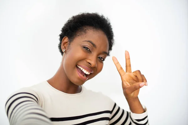 Close Portrait Young Black Happy Woman Taking Selfie Isolated White — ストック写真