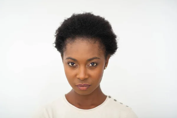 Close Portrait Beautiful Young African American Woman Serious Face Expression — стоковое фото