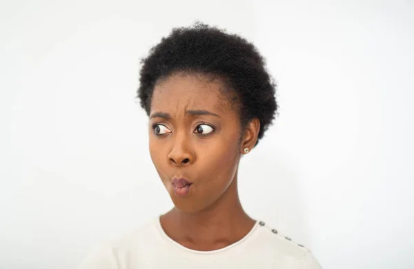 Close Portrait Young African American Woman Surprised Expression White Isolated — Foto Stock