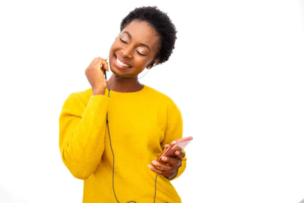 Portrait Young African American Woman Holding Mobile Phone Enjoying Music Stock Image