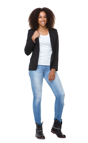 Young smiling woman in jeans — Stock Photo, Image