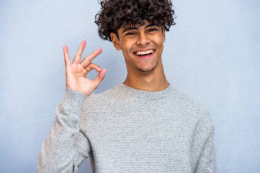 Portrait happy young man with curly hair ok hand sign