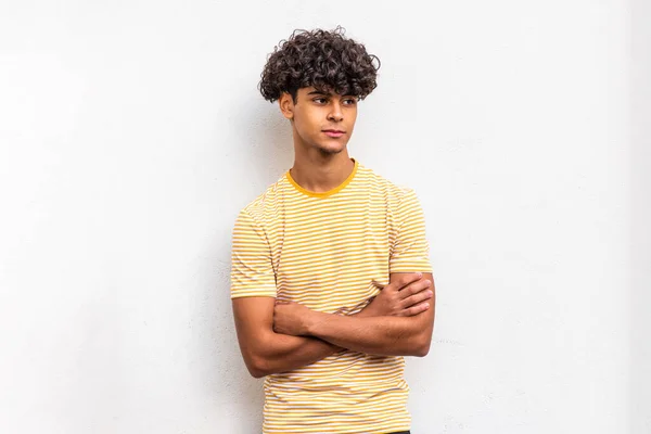 Portrait Young North African Man Standing White Background Arms Crossed — Stockfoto