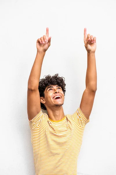 Portrait Cheerful Teenage Boy Laughing Pointing Fingers White Background — ストック写真