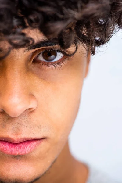 Close Half Face Portrait Young Arab Man Curly Hair — стоковое фото