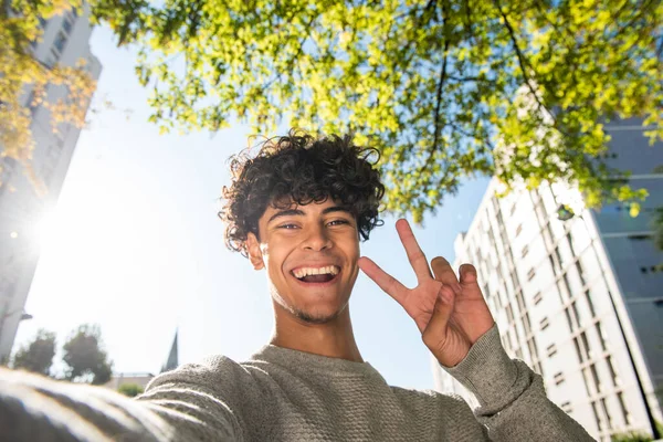 Portrait Handsome Young Man Taking Selfie Hand Peace Sign — Stockfoto