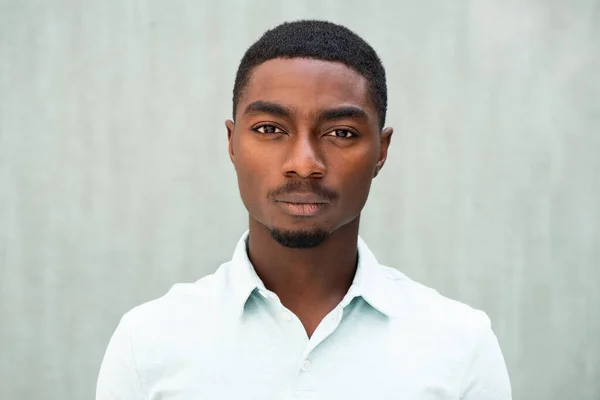 Close Front Portrait Serious African American Young Man Staring — Fotografia de Stock