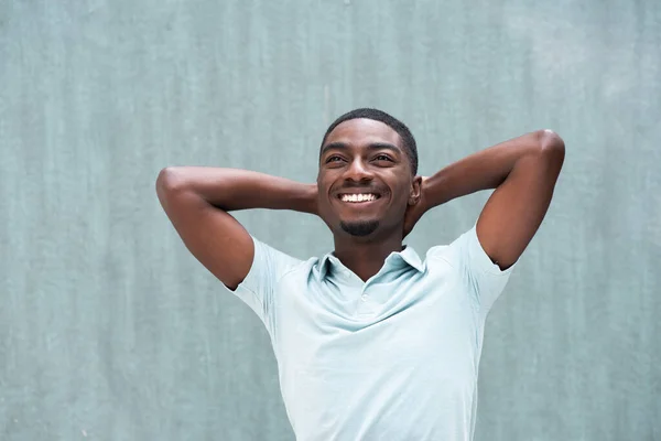 Portrait Happy Young Black Man Relaxing Hands Head — Photo