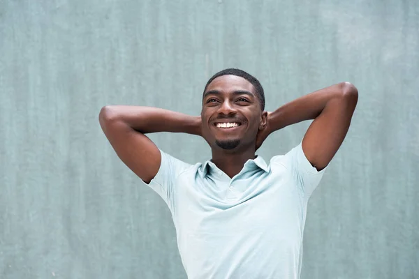 Portrait Happy Young Black Man Relaxing Hands Head — Fotografia de Stock