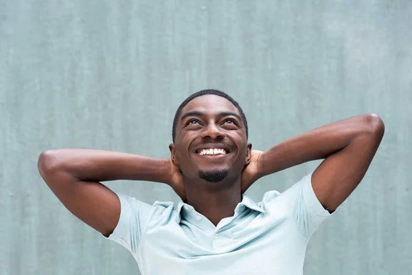 Close Portrait Happy Young African American Man Smiling Hands Head — Stock Photo, Image