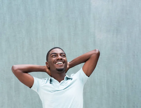 Portrait Cheerful Young African American Laughing Hands Head Looking — Φωτογραφία Αρχείου