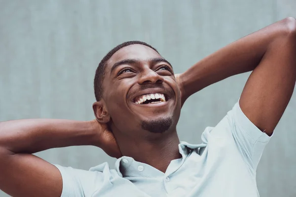 Close Portrait Happy Young African American Man Laughing Hands Head — Stockfoto