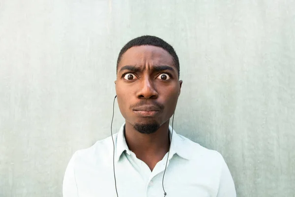 Close Front Portrait Young African American Man Making Funny Wide — Foto Stock