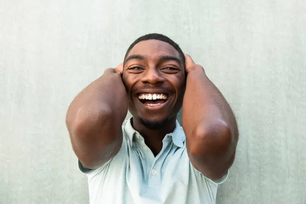 Close Front Portrait Laughing Young African American Man Hands Head — Stock fotografie