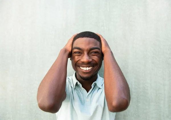 Close Portrait Laughing Young African American Man Hands Head — Stock fotografie