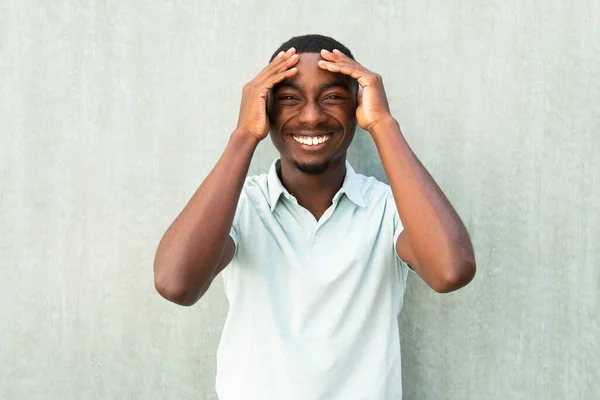 Portrait Happy African American Young Man Hands Head — Stock Photo, Image